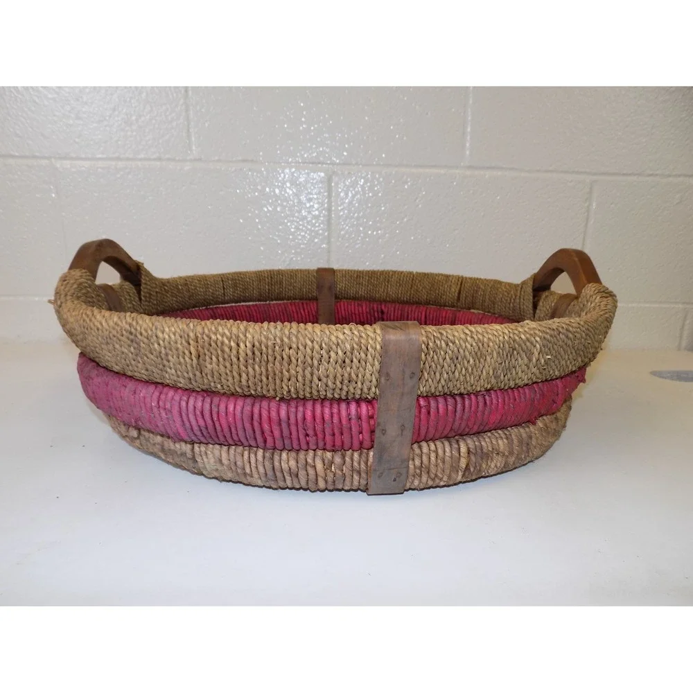 Large Vintage Woven Basket Tray w/ Wood Handles Red Accent Round Boho 20